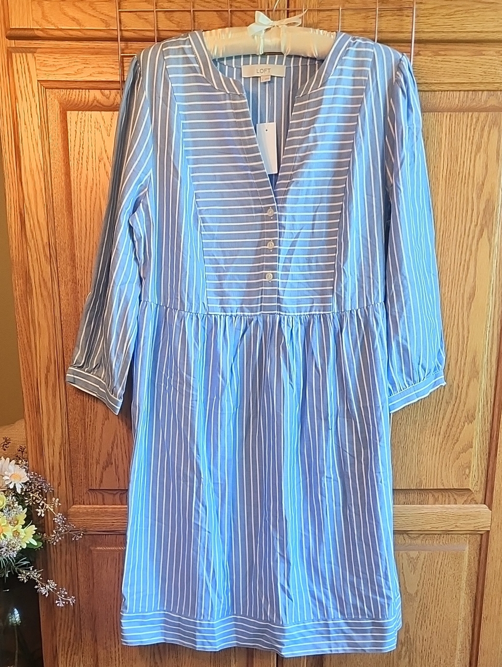 LOFT Blue & White Striped Button-Front Tunic Dress, Size L